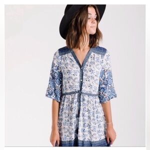 FP TO LOVE BOHO FLORAL BUTTON DOWN BLUE AND WHITE MAXI DRESS